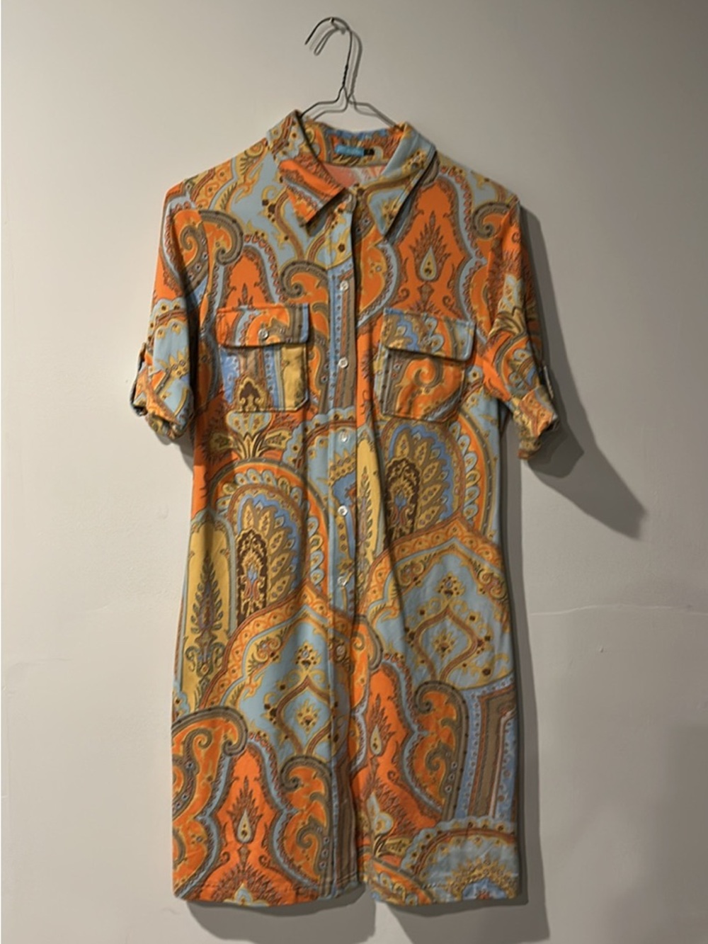 J. McLaughlin Stretch Knit Shirt Dress Orange & Light Blue Paisley Sz S